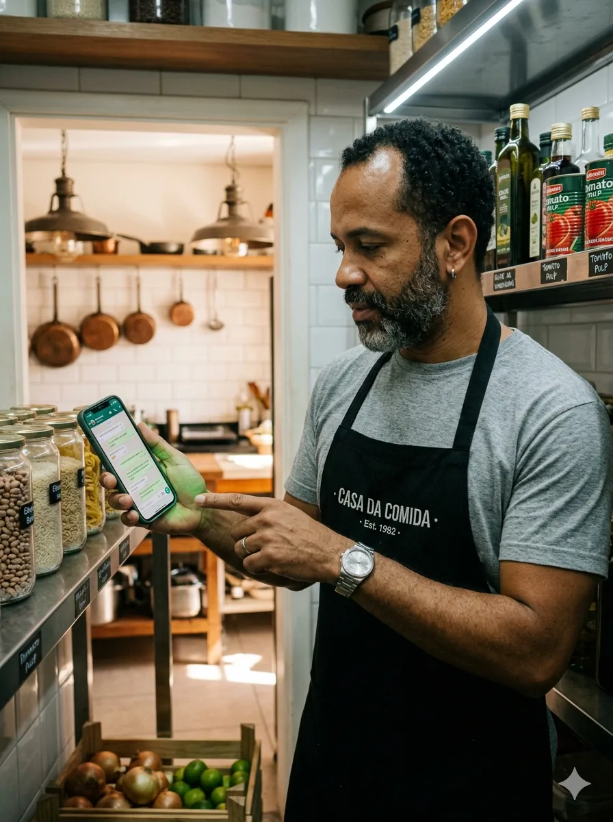 Operador de restaurante usando a Tamy no WhatsApp para gerenciar estoque