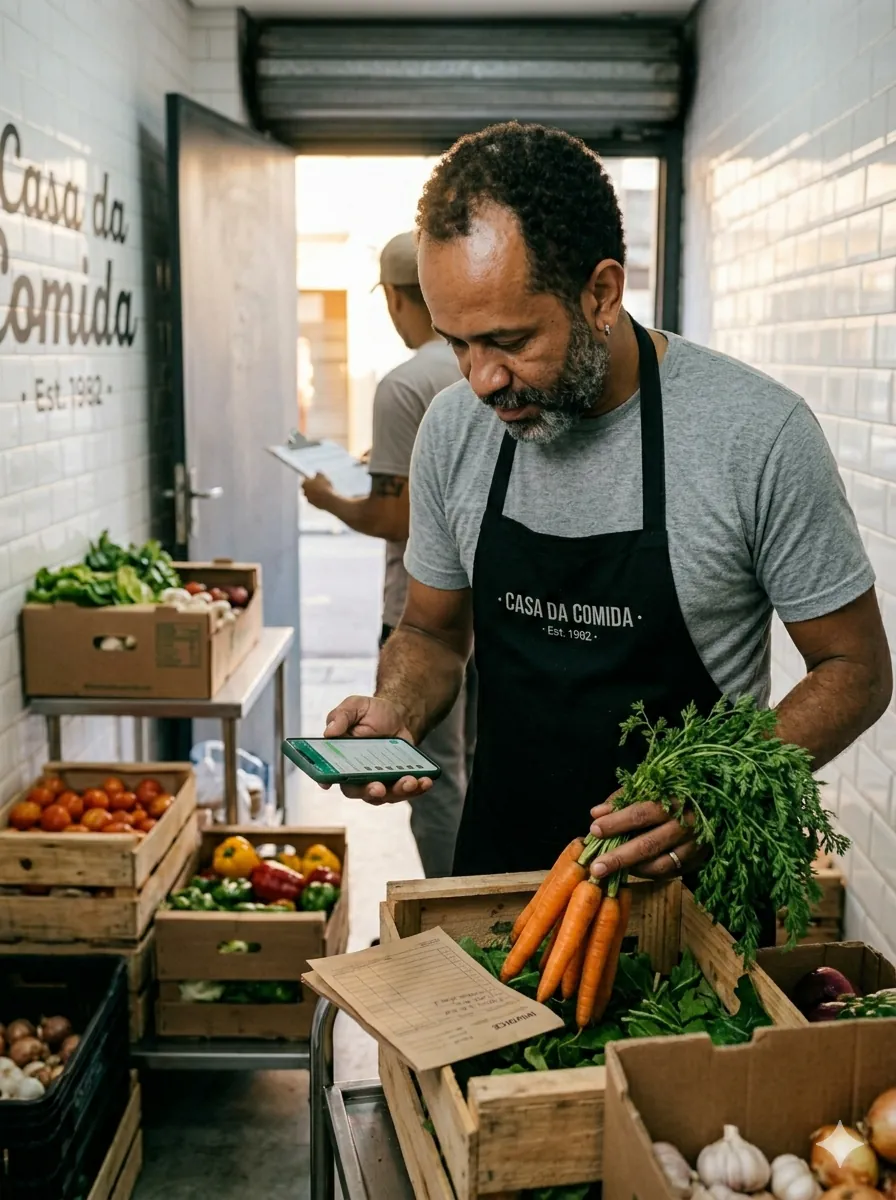 Dono recebendo fornecedor com caixas de hortifruti