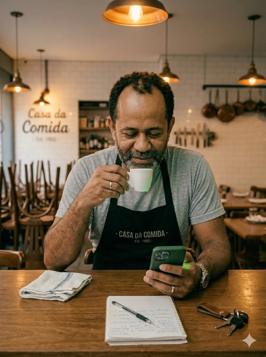 Dono no fim do dia conferindo o WhatsApp com um café